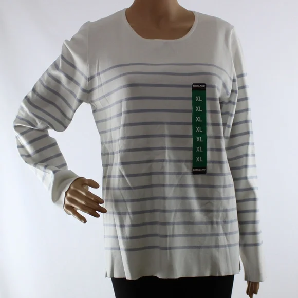Kirkland | Ladies Gray & Cream Crewneck Long Sleeve Sweater Striped Top - Picture 2 of 6